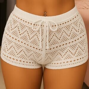 New XL‎ White Crochet Knit Beach Shorts Cover Up Swimsuit Swim Bikini Mini